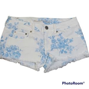 American eagle stretch shorties cutoff jean shorts white w blue flowers y2k sz 6